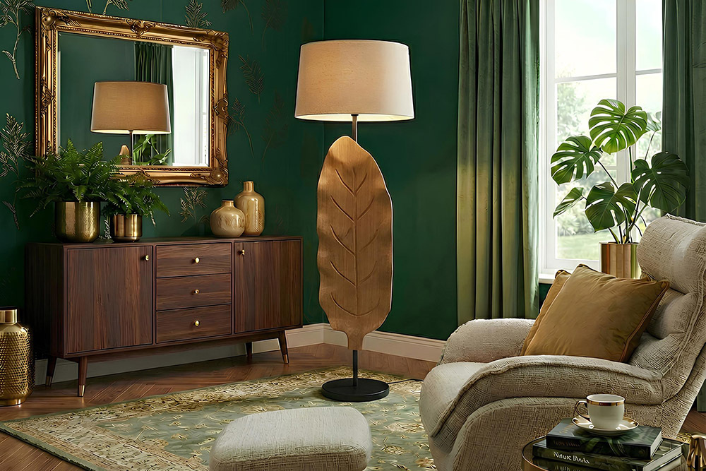 Massive Stehlampe LEAF 130cm weiß natur Teakholz Blatt-Design mit Stoffschirm