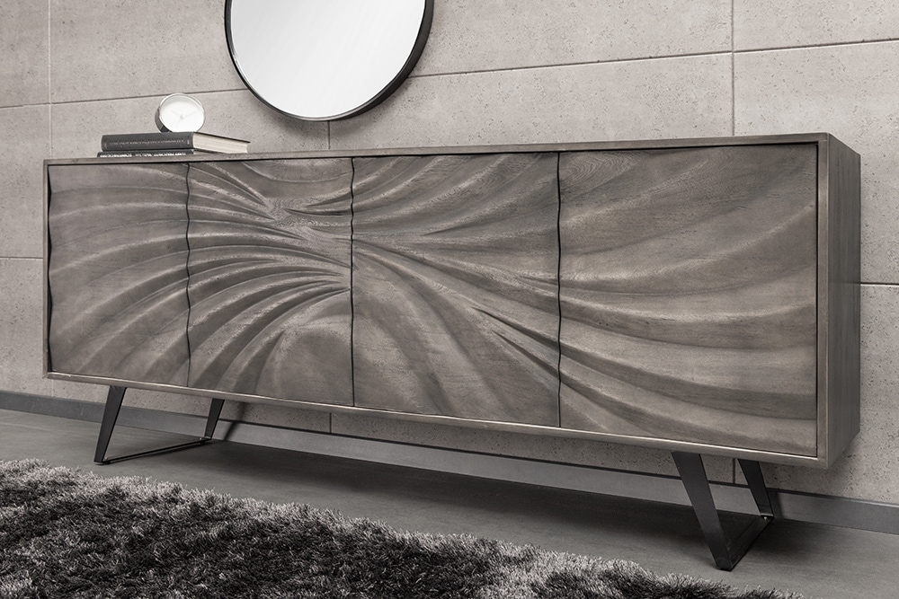 Massivholz Sideboard HURRICANE 175cm grau Akazie 3D-Design