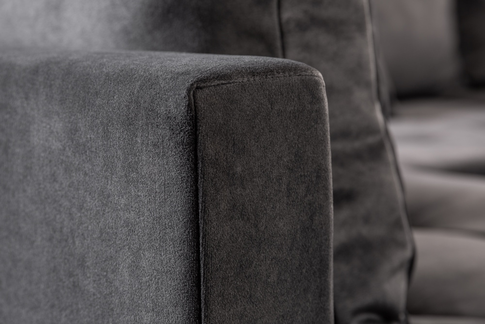 Moderne Wohnlandschaft KENT 220cm grau Samt Ecksofa Federkern inkl. Hocker und Kissen