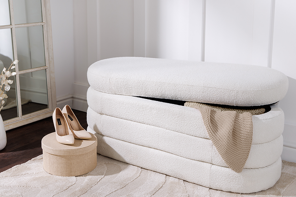 Extravagante Polsterbank VOGUE 115cm creme weiß Bouclé Sitzbank mit Stauraum » Jetzt kaufen