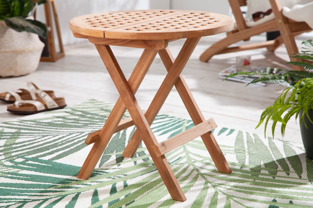 Wetterfester Beistelltisch EMPIRE TEAK 50cm Massivholz rund klappbar Outdoor Gartentisch