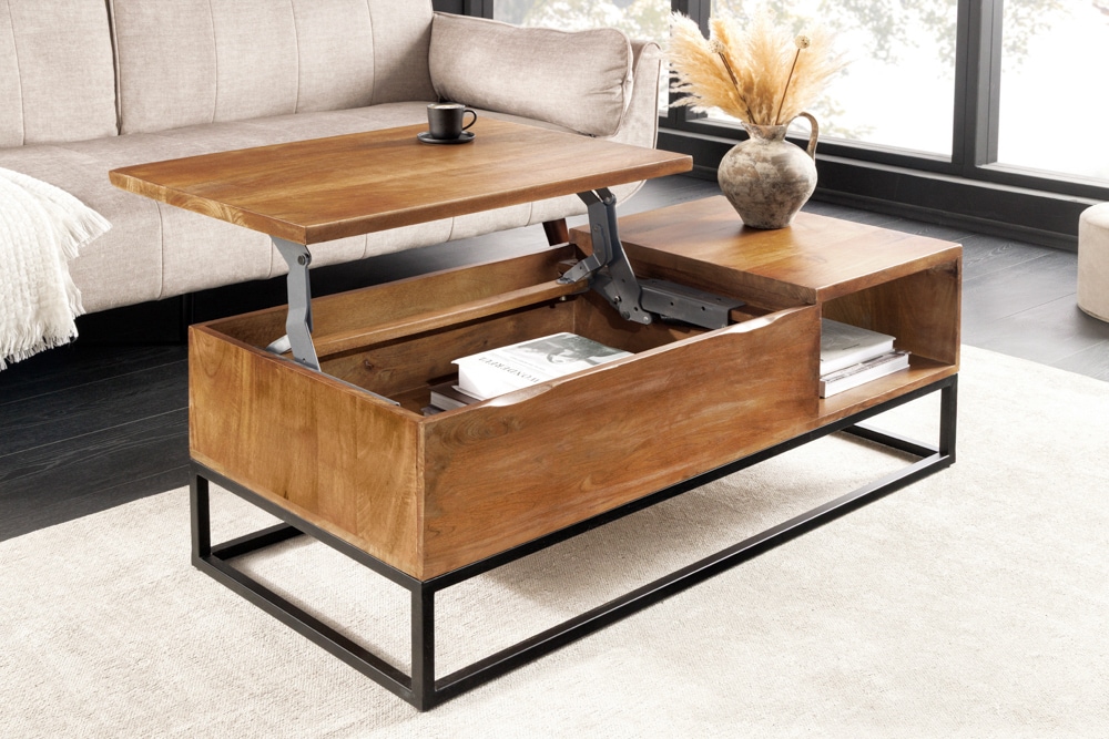 Höhenverstellbarer Couchtisch MAKASSAR FUNCTION 110cm braun Mangoholz honey finish