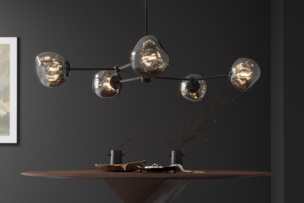 Design Hängelampe LIQUID DIAMOND 100cm smoke schwarz Glas fünf Schirme Kugelleuchte