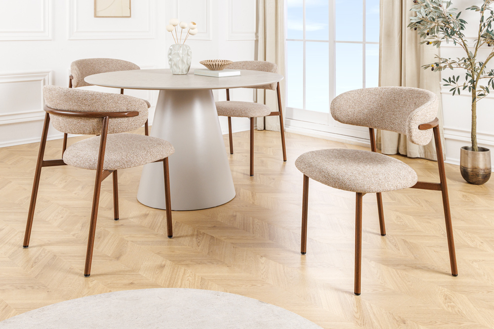 Design Stuhl BELFORT taupe beige Strukturstoff Metallgestell Walnuss