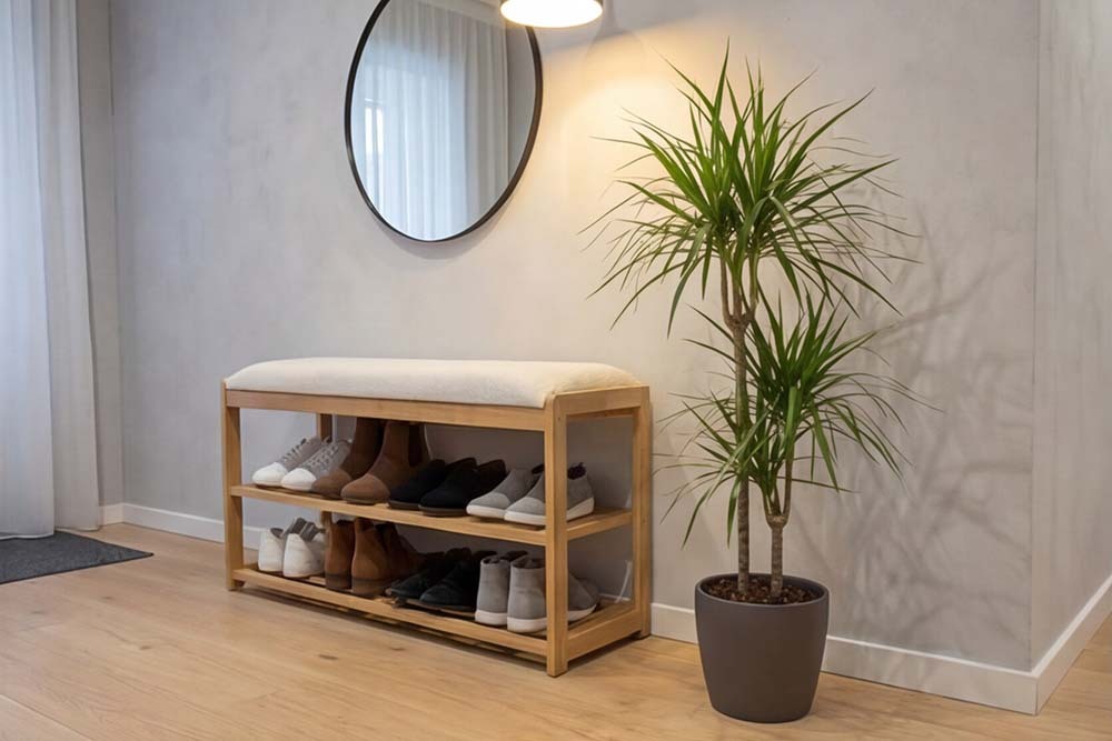 Stilvolle Schuhbank ZEN-BO 80cm natur beige Bambus Regal Sitzbank mit Stauraum