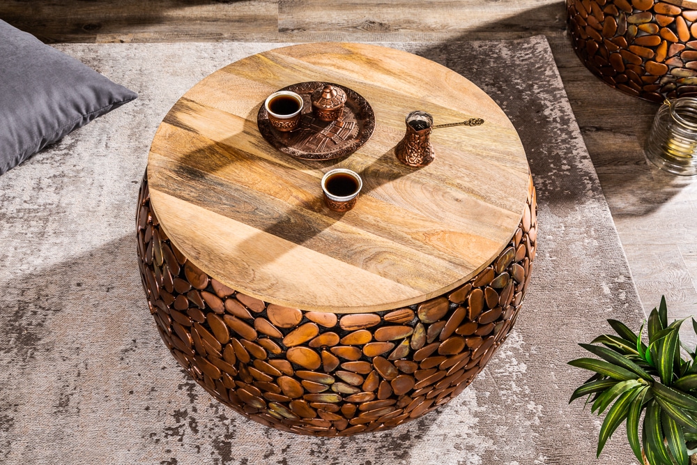 2er Set Runde Couchtische STONE MOSAIC 65cm kupfer Mangoholz Metall Mosaik Design handmade