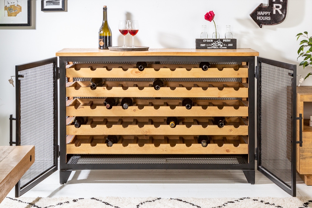 Industrial Weinschrank BODEGA 130cm recyceltes Pinienholz natur Weinregal für 55 Flaschen