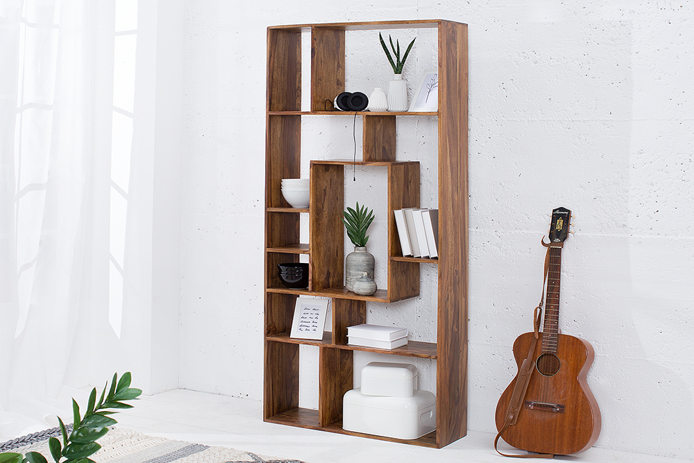 Massives Bücherregal CUBUS 180cm braun Sheesham stone finish einzigartige Maserung