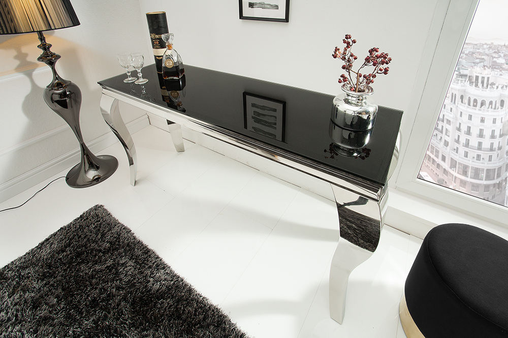 Eleganter Konsolentisch MODERN BAROCK 145cm schwarz Opalglas Edelstahlbeine