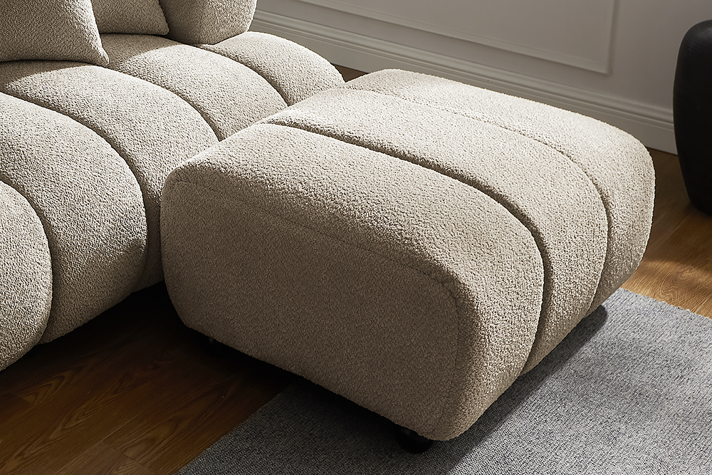 Moderner Hocker ADLON 100cm champagner greige Bouclé Federkern Fußhocker Sitzhocker