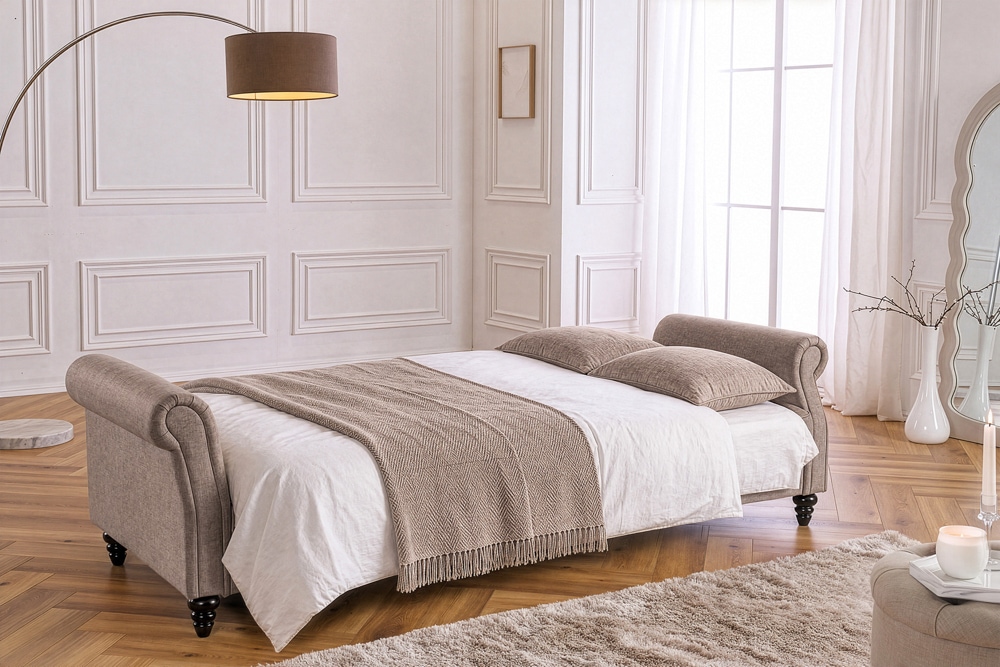 Schlafsofa MAISON BELLE AFFAIRE 220cm greige Vogue Seiden Samtstoff 3-Sitzer