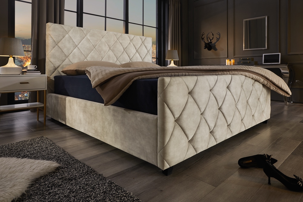 Design Boxbett ELYSIUM 180x200cm champagner beige Samt mit Stauraum und Lattenrost
