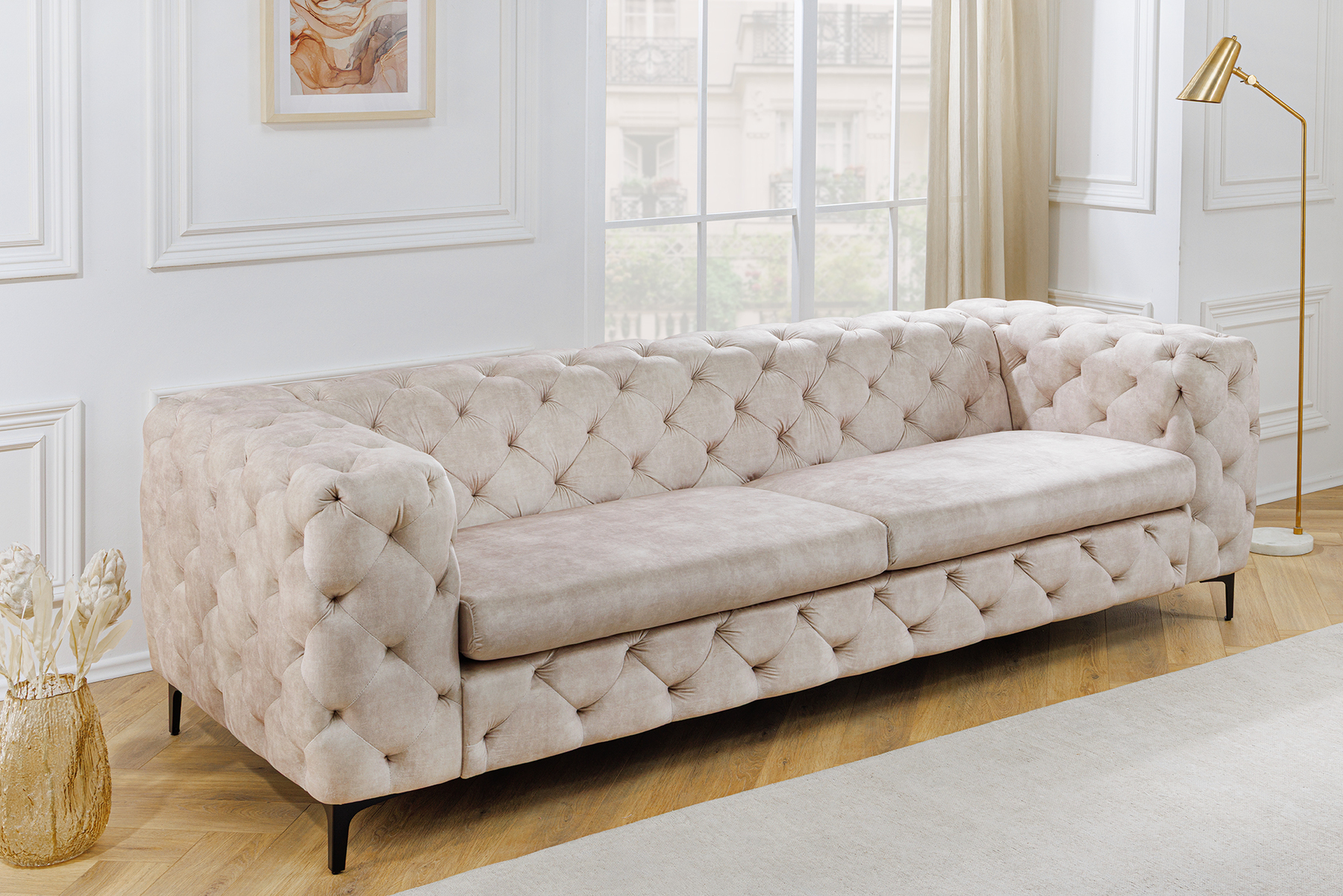 Chesterfield 3-Sitzer Sofa MODERN BAROCK 235cm champagner beige Samt Federkern