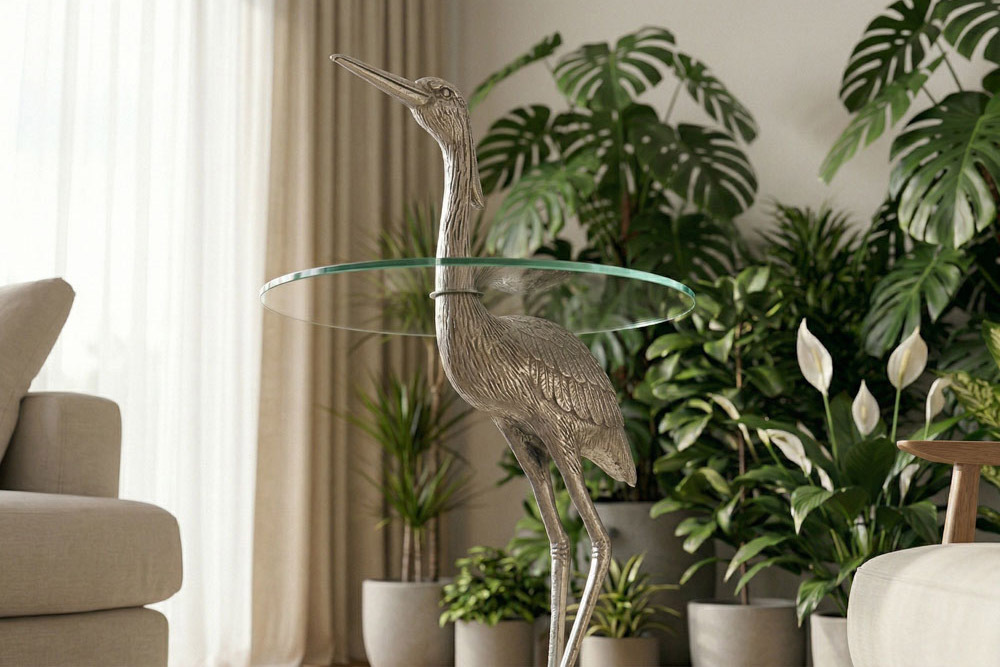 Runder Beistelltisch WILDLIFE HERON 90cm silber Metall Glas Fischreiher Skulptur handmade