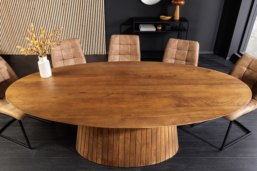 Ovaler Esstisch ART DECO 220cm braun smoked massives Mangoholz mit Säulenfuß