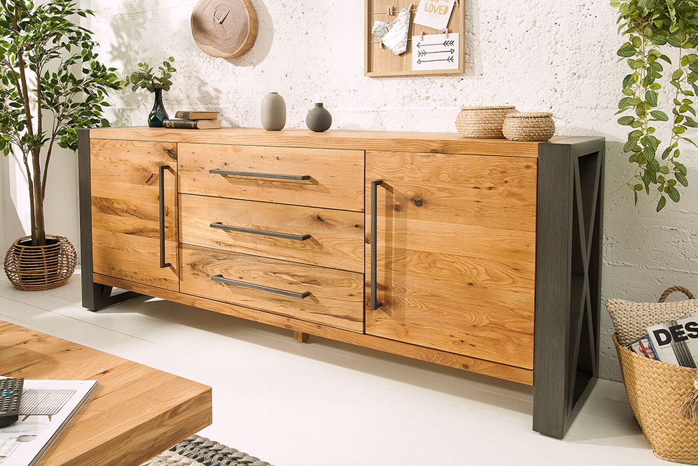 Massivholz Sideboard THOR 200cm mit Schubladen natur Wildeiche geölt Metall schwarz