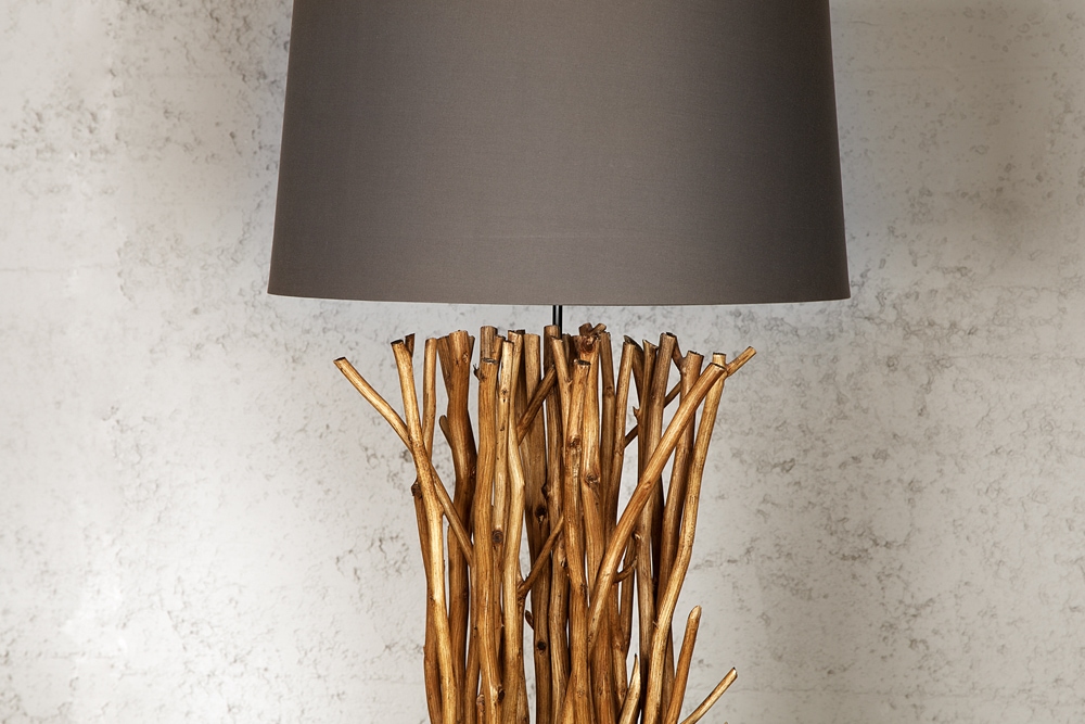 Design Treibholz Stehlampe EUPHORIA 180cm grau mit Leinenschirm