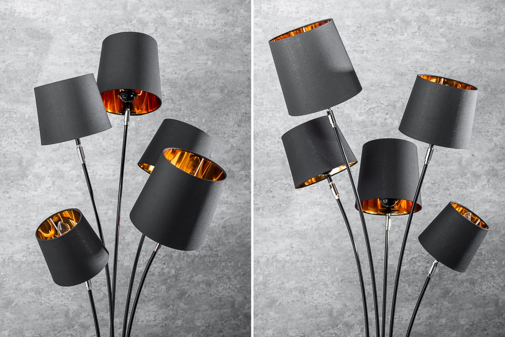 Design Stehlampe LEVELS 176cm mit 5 Leinenschirmen schwarz gold Stehleuchte