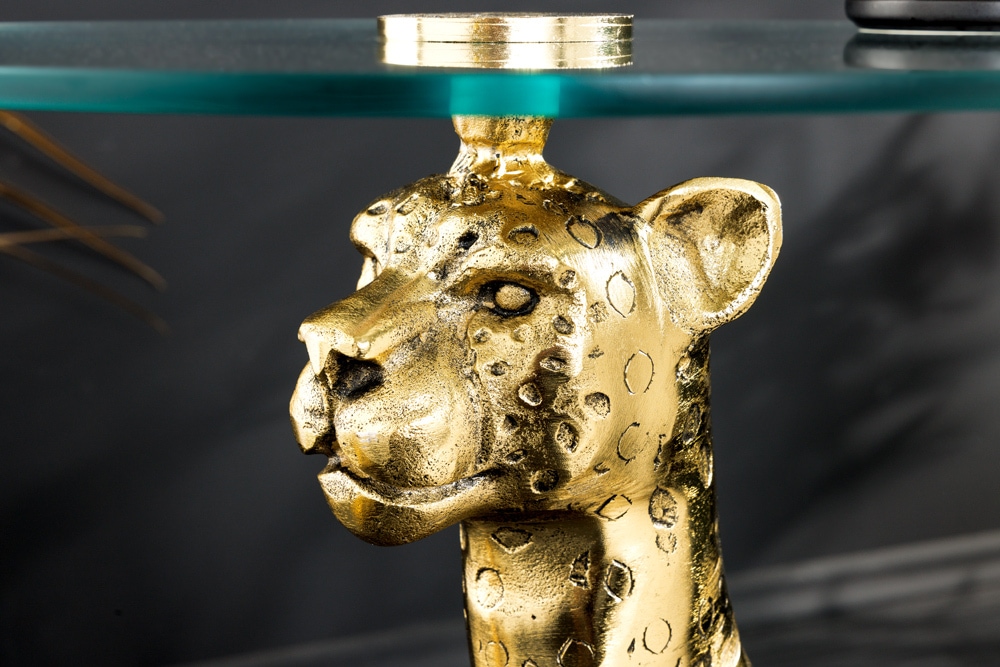Runder Beistelltisch WILDLIFE PANTHER 60cm gold antik Metall Glas Skulptur handmade