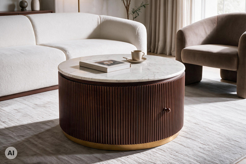Runder Couchtisch COFFEE TABLE GATSBY 70cm braun weiß Mangoholz Marmor Schublade
