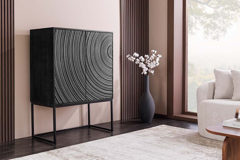 Design Highboard ORBIT 120cm schwarz Mangoholz mit 3D-Front Metall