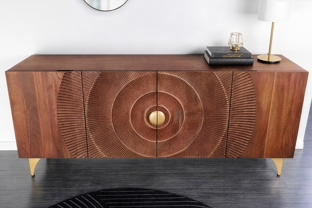 Handgearbeitetes Sideboard GOLDEN SUNSET 180cm braun mit 3D Schnitzereien gold Mangoholz Metallbeine