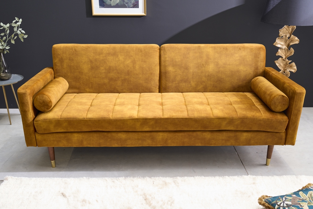 Modernes Schlafsofa COUTURE 200cm senfgelb Microvelours 3-Sitzer Couch mit Schlaffunktion