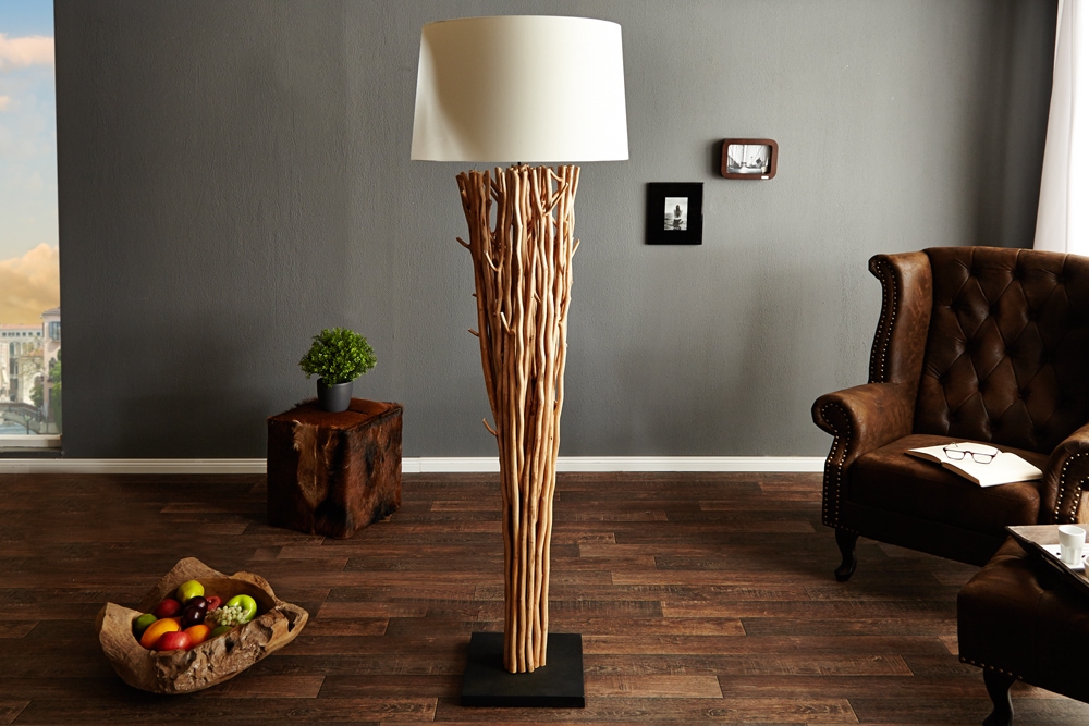 Design Treibholz Stehlampe EUPHORIA 180cm natur mit Leinenschirm
