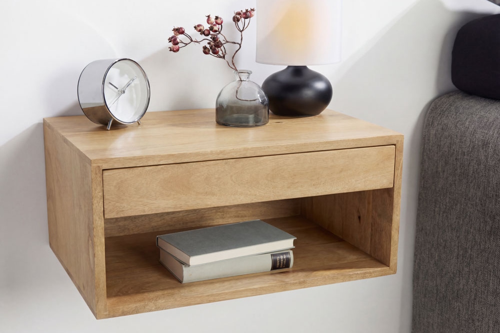 Hängender Nachttisch PURE 50cm natur Mangoholz cream finish Wandregal Schublade