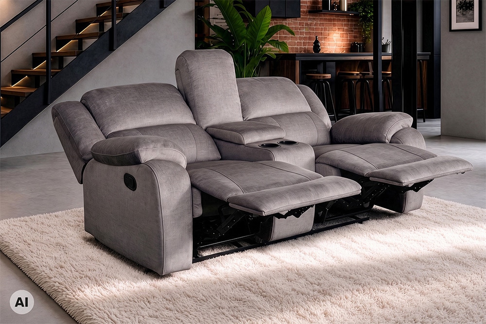 Exklusiver 2er Kinosessel HOLLYWOOD grau hochwertiger Vogue Veloursstoff mit Cupholder