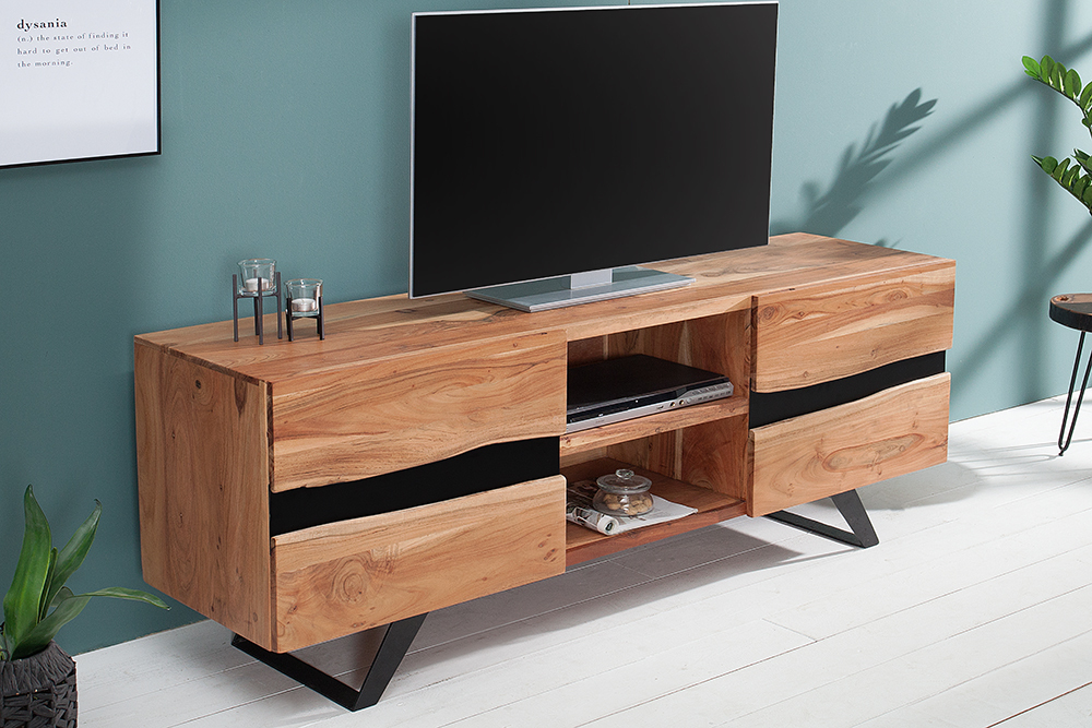Massives TV-Board AMAZONAS 160cm Akazie Metall Lowboard Baumkante