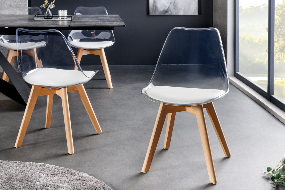 Design Stuhl SCANDINAVIA MEISTERSTÜCK transparent weiß Kunststoff Buchenholz natur