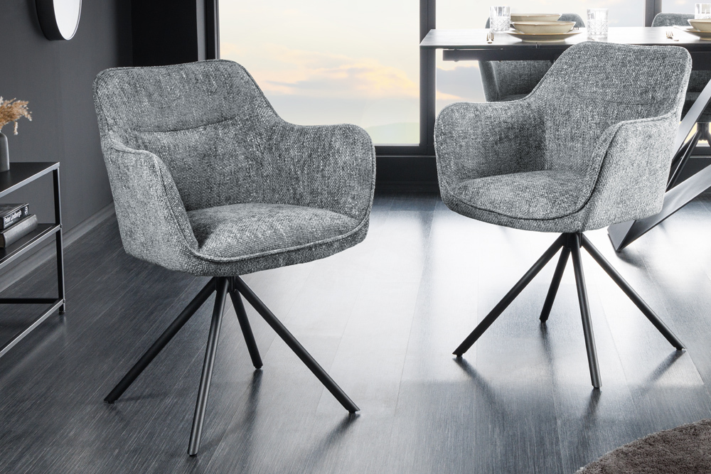 Drehbarer Stuhl VERONA grau Strukturstoff mit Armlehne Metallbeine schwarz