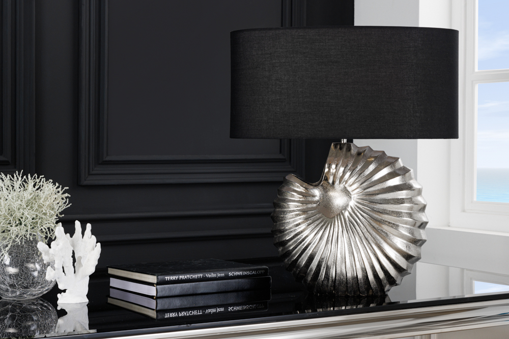 Design Tischlampe SHELL 60cm silber schwarz Metall Stoffschirm maritim