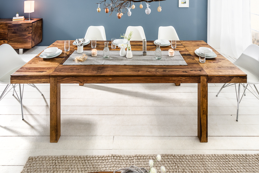 Massivholz Esstisch PURE 160-240cm braun Sheesham stone finish mit Ansteckplatten
