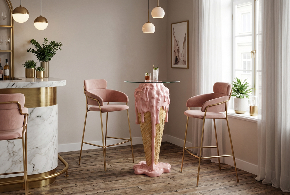 Einzigartiger Bartisch ICE CREAM 105cm beige rosa runde Tischplatte Glas handmade