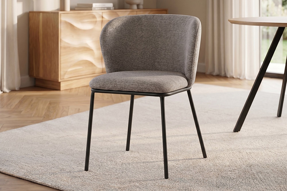 Design Stuhl LYON grau beige Chenille schwarze Metallbeine