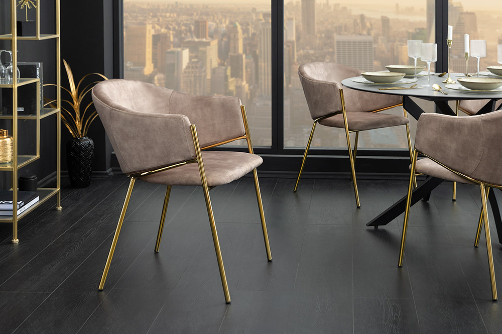 Design Stuhl NOBLESSE champagner beige Samt golden verchromtes Metallgestell