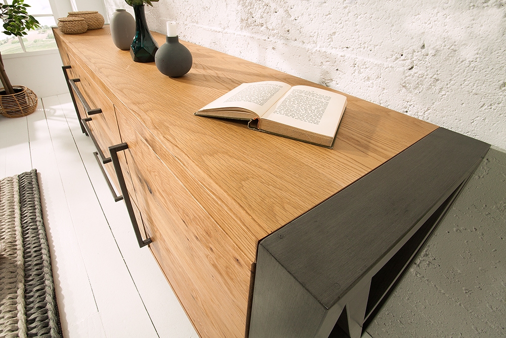 Massivholz Sideboard THOR 200cm mit Schubladen natur Wildeiche geölt Metall schwarz