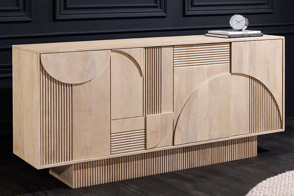 Design Sideboard ART DECO 170cm weiß gekälkt Mangoholz massiv 3D-Front