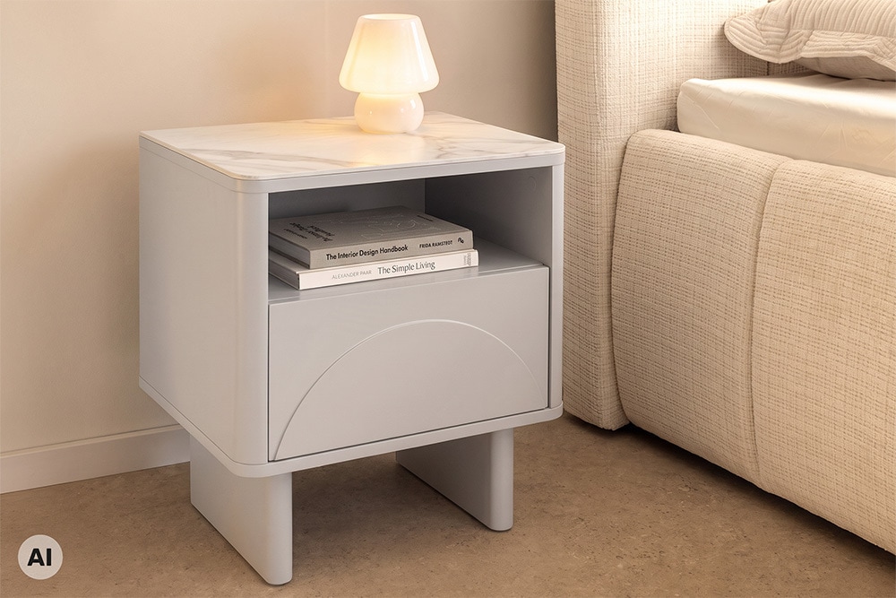 Nachttisch SAVOY 50cm kaschmir beige Keramik Marmor weiß Beistelltisch