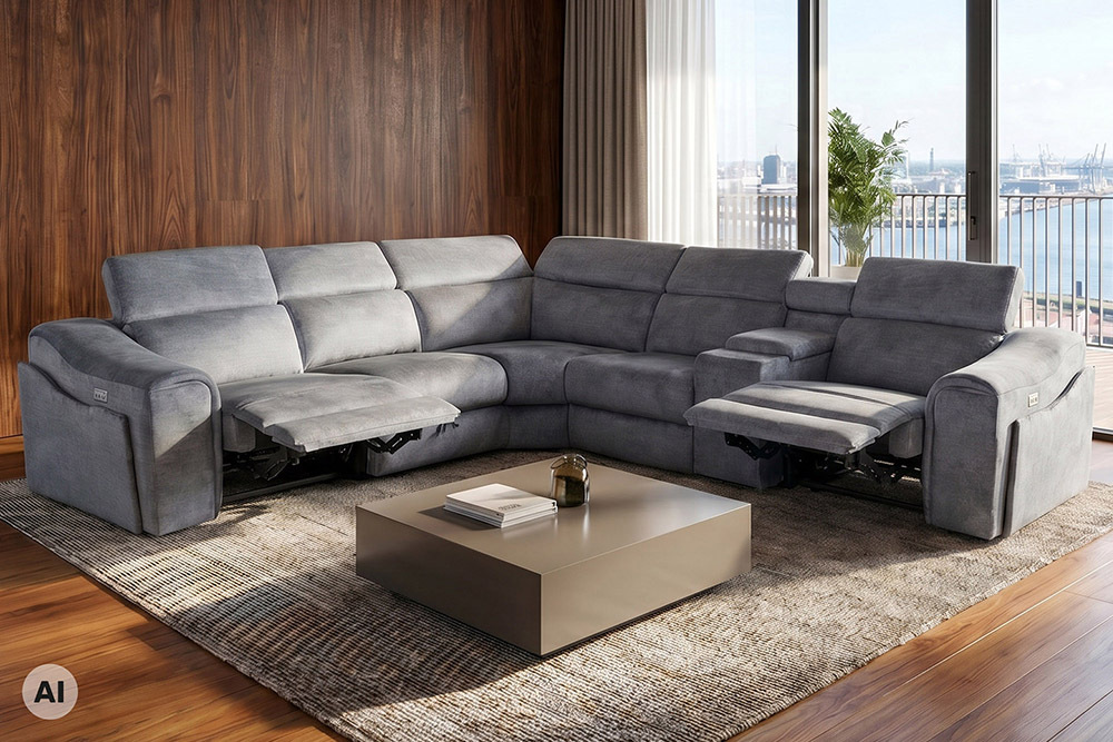 Multifunktionales Ecksofa PRIME 300cm grau Vogue Seiden Samtstoff Relaxfunktion
