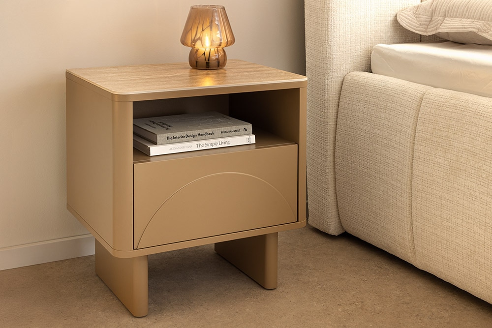 Design Nachttisch SAVOY 50cm grau beige greige Keramik Travertin Beistelltisch