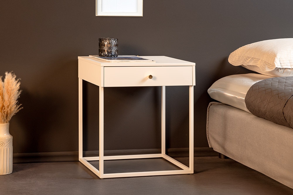 Industrial Beistelltisch SLIM LINE 50cm weiß Metall mit Schublade Nachttisch
