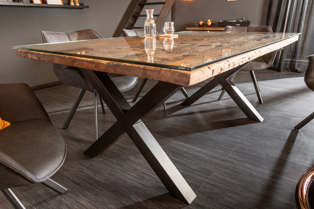 Massiver Esstisch BARRACUDA 180cm Teakholz inkl. Glasplatte mit X-Gestell