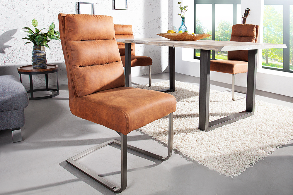 Design Freischwinger Stuhl COMFORT hellbraun mit Edelstahl-Gestell