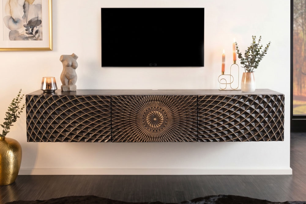 Hängendes TV-Board ILLUSION 160cm schwarz Mangoholz Massivholz mit 3D Schnitzereien gold