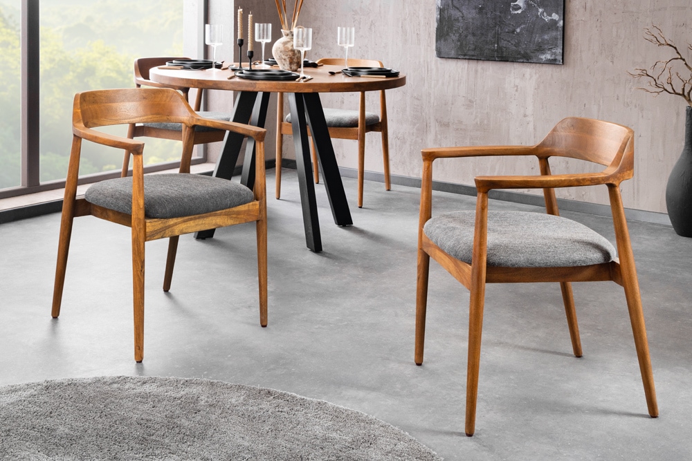 Design Stuhl KENNEDY braun grau massives Mangoholz honey finish Strukturstoff