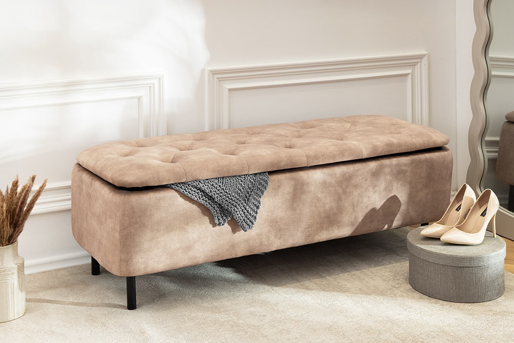 Extravagante Polsterbank EN VOGUE 120cm beige Samt mit Stauraum schwarze Metallbeine