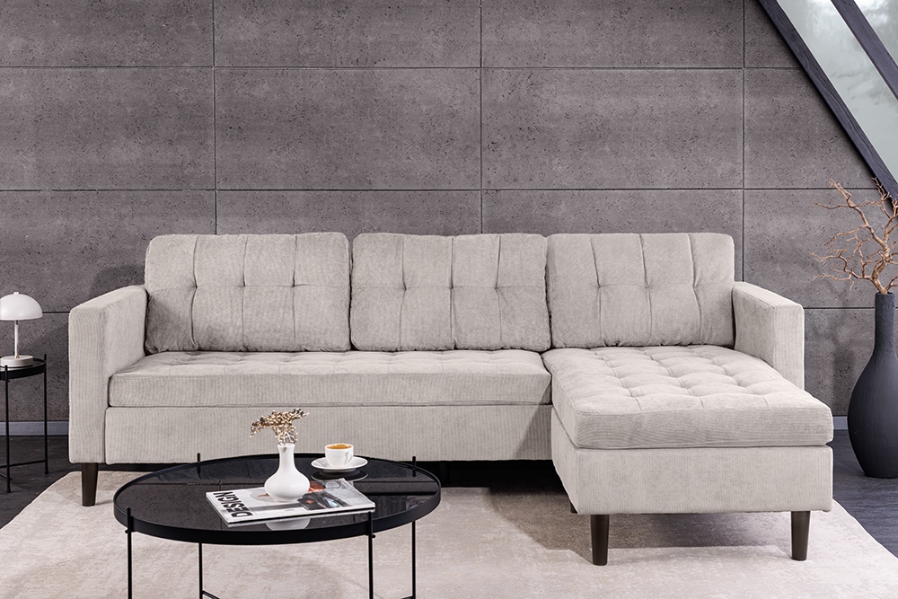 Modernes Ecksofa STOCKHOLM 220cm hellgrau Cordstoff Federkern 3-Sitzer-Sofa